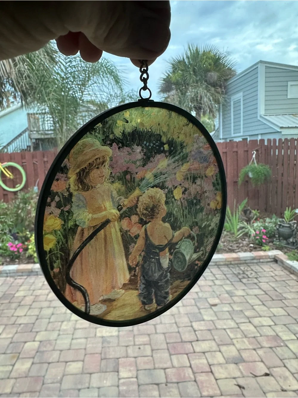 Vintage-Style Suncatcher “ Children watering in Flower Garden”